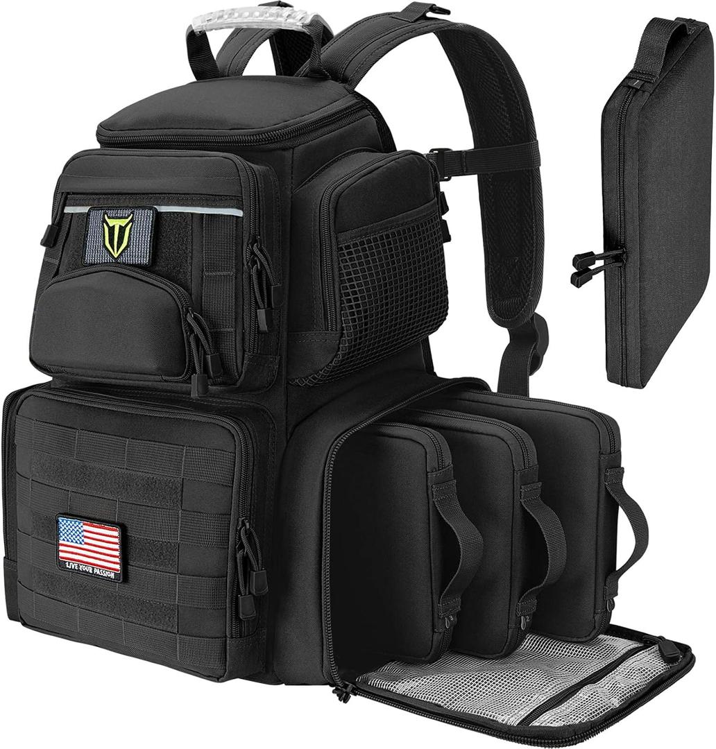 TIDEWE Tactical Range Backpack with Removable Divider, Handgun Backpack with 4 Pistol Case, Range Bag with Hard Glasses Case (Black)