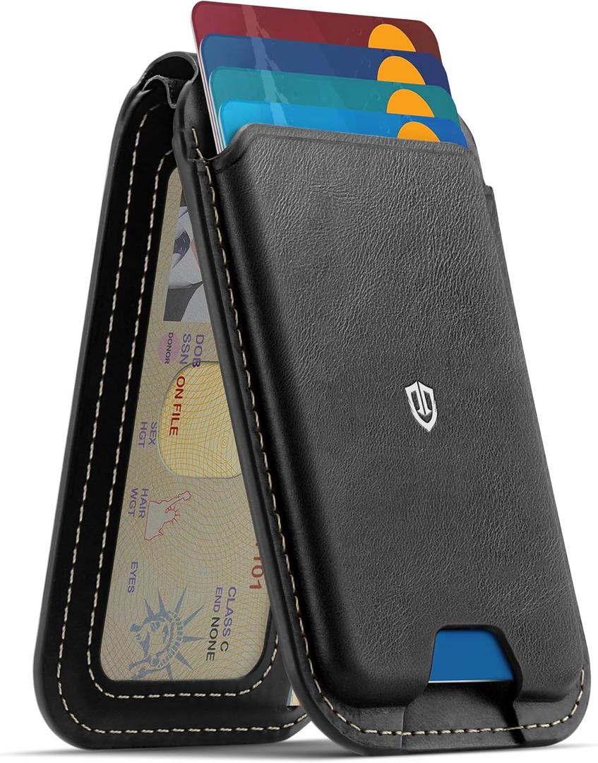SHIELDON Genuine Leather Strong Magnetic Card Holder for MagSafe, Phone Wallet Stand, Angle Adjustment RFID Blocking 6 Cards Magnet Wallet Compatible with iPhone 17/16/15/14/13/12 Series - Retro Black