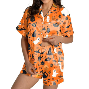 Halloween Pajamas Set Women 2PC Silk Satin Pumpkin Shorts Sets Short Sleeve Button Down Shirts + Bottoms Loungewear, Large
