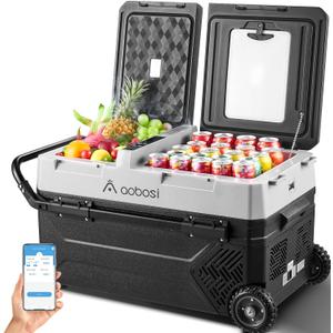 AAOBOSI 42L Car Fridge Compressor Cooler, 2-Zone Temperature Control (-20°C to 20°C), 12/24V for Car, Electric Cooler with Control [Energy Class E]