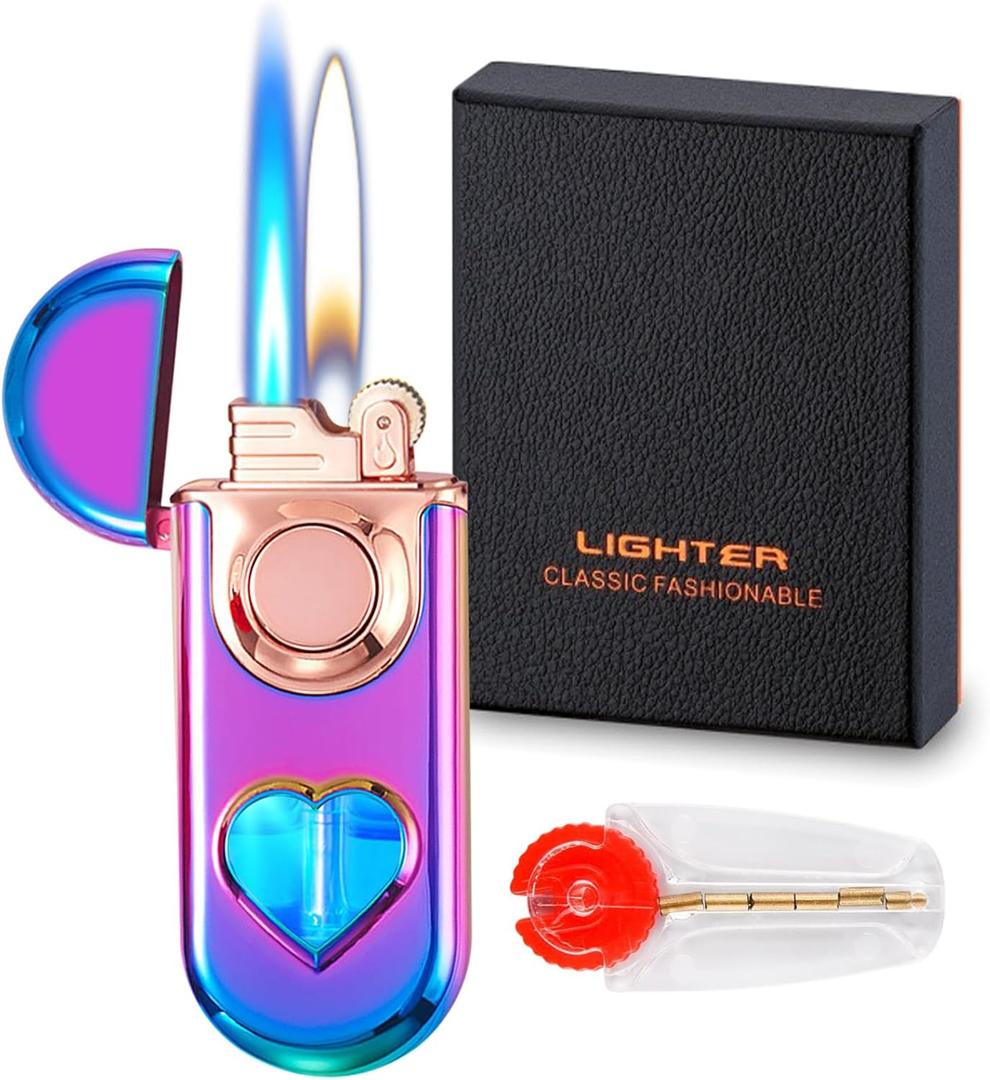Torch Dual Flame Lighter with 6pcs Flint Stone, Windproof with Visible Gas Window, Adjustable Soft & Jet Flame, Refillable Butane for Indoor/Outdoor - Color Ice