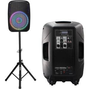 Portable 15-Inch PA Speaker System DJ Amplified Loud Speaker with Stand Bluetooth/USB/SD Card Reader/FM Radio/Remote Control/LED Light, Good for Churches, Bands, Parties