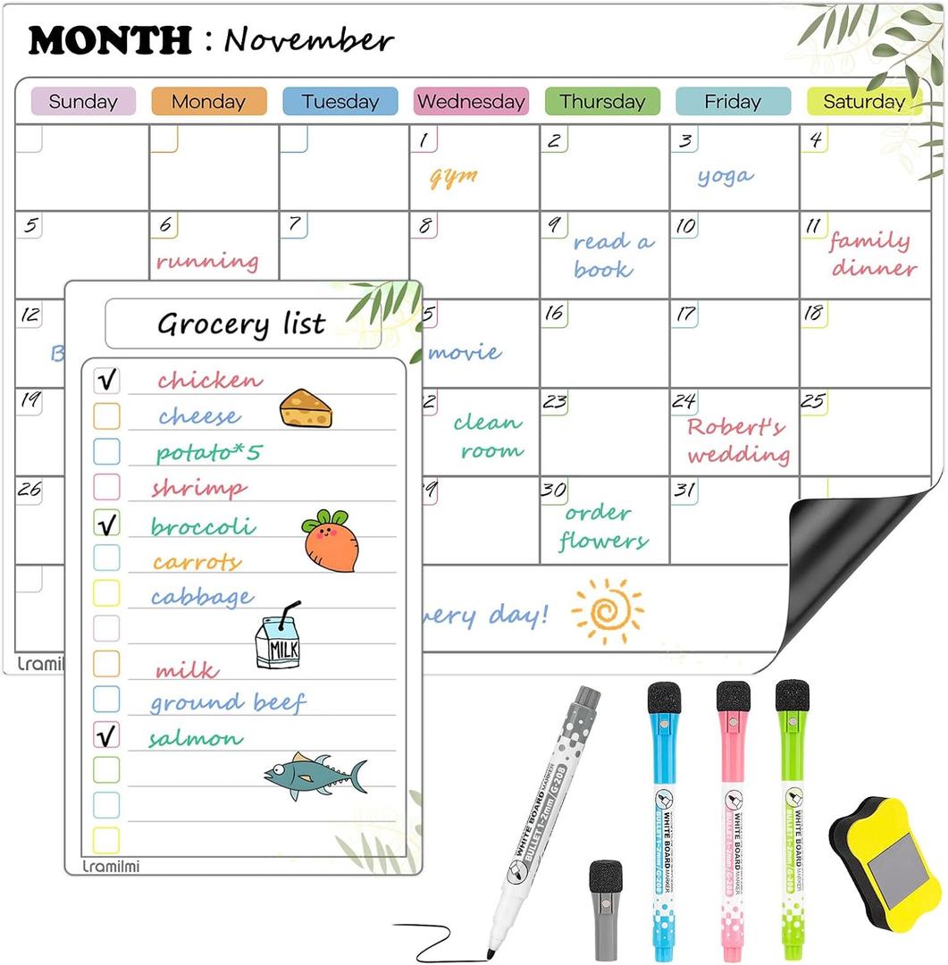 3 x Magnetic Dry Erase Calendar for Refrigerator,2 Pack Monthly & Daily Planner Magnet Whiteboard for Fridge with 4 Markers and Large Eraser, Fridge Calendar Dry Erase, 14.5x11