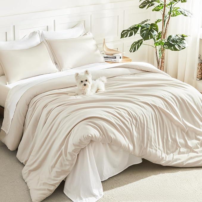 Litanika Beige Comforter Set California King Size, 3 Pieces Cal King Lightweight Solid Bedding Comforter Set, Oversized All Season Fluffy Bed Set (104x96In Comforter & 2 Pillowcases)