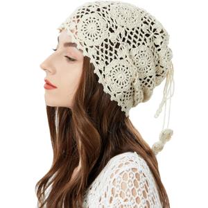 ZLYC Women Cotton Crochet Slouchy Beanie Hat Handmade Knit Summer Skull Cap (One Size, Beige Ponytail)
