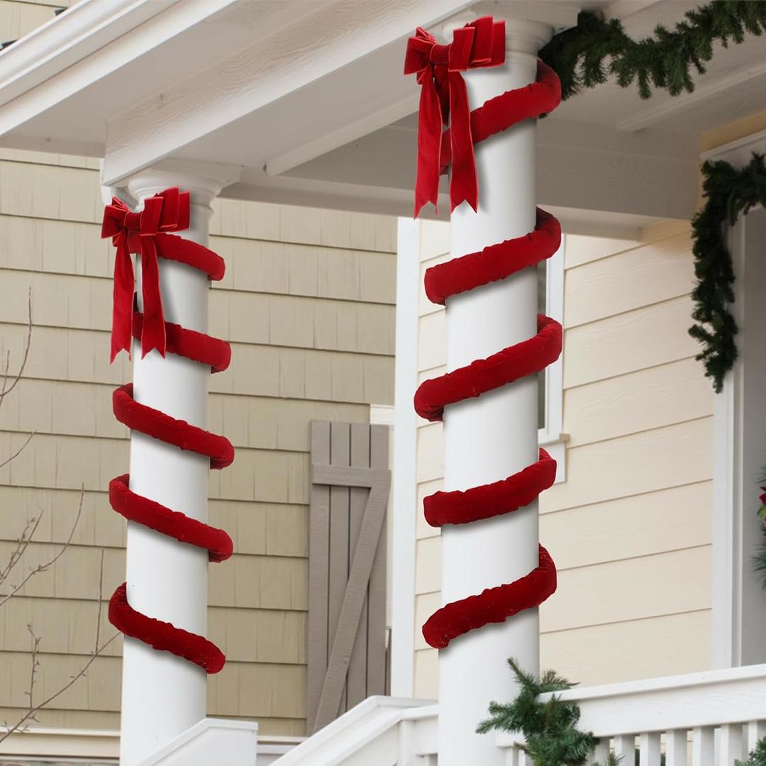 Newwiee 2 Pack Outdoor Christmas Bows for Front Porch Columns 9.8ft Giant Red Velvet Bow Decoration Xmas Twining Around Pillar Yard Decor for Christmas Tree Indoor Outdoor Home Stair Porch Party Decor