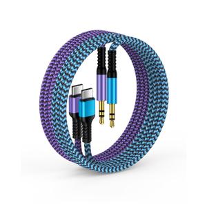 Samsung USB C Aux Cord, Braided Auxiliary to USB C, Type C to 3.5mm Male Headphone Jack Cable for Car/Home Stereo Speaker for Galaxy Z Fold S26 S25 Edge S24 S23 Ultra S22, Note 20/10, iPhone 17e 17 16 (2*Blue, Purple)