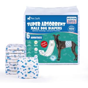 Pet Soft Male Dog Diapers - Disposable Male Dog Wraps Wetness Indicator, Puppy Diapers Male for Excitable Urination or Incontinence, 50pcs Medium