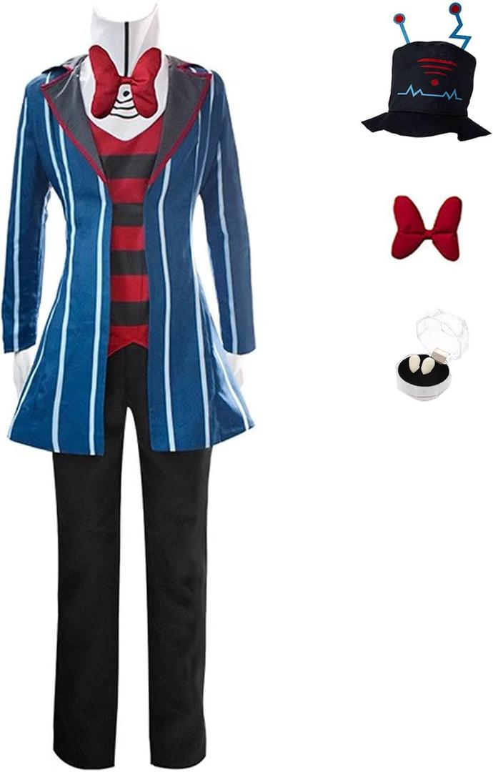 SHIKI Men Anime Hotel Vox Cosplay Costume Blue Striped Suit Uniform Jacket Pants Hat Gloves Halloween Outfit (3X-Large)