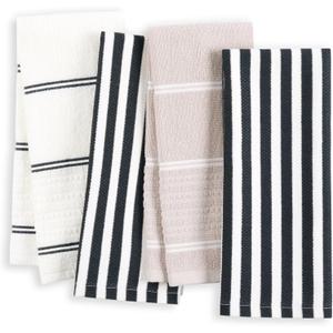 Kate Spade New York Botanical Stripe Kitchen Towels 4-Pack Set, Absorbent 100% Cotton, Black/Beige, 17"x28"