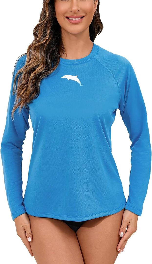 Halcurt Women's Long Sleeve Rash Guard Swim Shirt with Built in Bra Lightweight UPF50+ Quick Dry Swimsuit Top (Blue, M)