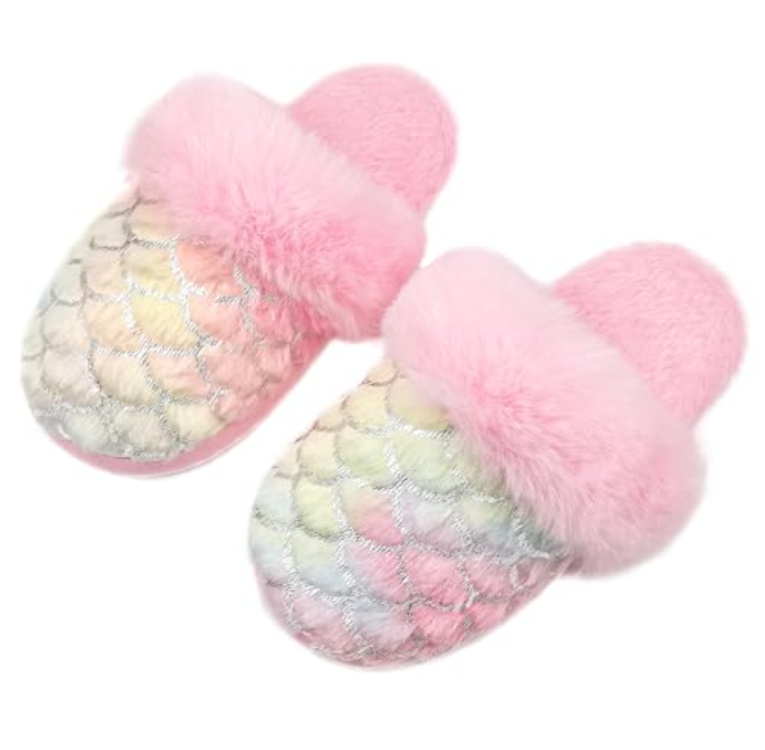 GSFY Girls Fluffy Mermaid Star House Slippers Cozy Warm Slip-on Animal House Shoes for Kids Bedroom Indoor Outdoor US 11
