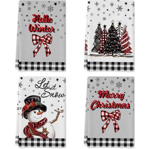 Christmas Kitchen Towels and Dishcloth Sets,18x26 Inch Xmas Snowman Trees Christmas Dish Towels for Kitchen,Buffalo Plaid Kitchen Towels Christmas Winter Holiday Decoration Hand Towels