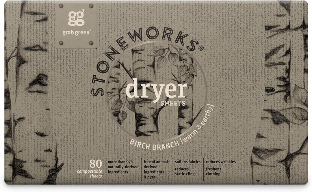 Grab Green, Stoneworks, Dryer Sheets, 80 Compostable Sheets (Birch Branch)