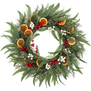 DN DECONATION 24 Inch Christmas Wreath for Front Door, Outdoor Winter Berry Eucalyptus Wreath with Dried Orange Slices, White Beads for Holiday Home Decor (18in, Green and Orange)