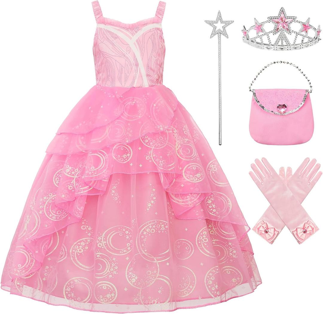 Good Witch Costume Girls Glinda Costume Dress Kids Wicked Cosplay Dress Up Outfits for Birthday Halloween (7-8 Years, Pink)