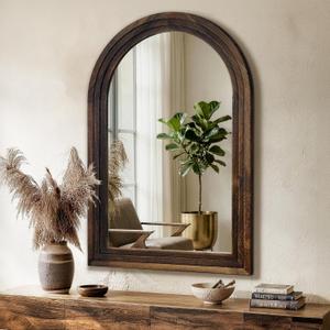 TRAHOME Arched Bathroom Mirror, 36"x24" Brown Wood Frame Wall Mirror, Farmhouse Vintage Vanity Mirror with Layered Frame for Entryway, Living Room, Bedroom
