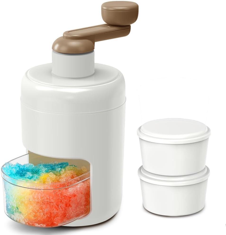 KEOUKE Manual Ice Shaver Portable Snow Cone Machine Shaved Ice Maker Ice Crusher with Free Ice Boxes (Brown 2 Ice Box)