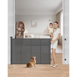 Retractable Baby Gate, 55" Wide Mesh Gate with 4 Reinforced Rods, Prevents Kids & Dogs from Crawling Under, 34" Tall Easy-to-Use Pet Gate for Stairs, Bedrooms, Hallways, Indoor/Outdoor, Gray