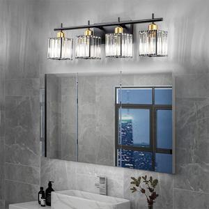 28.2" Modern Crystal 4 Light Bathroom Vanity Light Fixture, Matte Black and Gold Crystal Bathroom Lighting Fixtures Over Mirror, 4-Light Vanity Lights for Bthroom Vintage Wall Light Fixtures