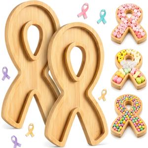 Rtteri 2 Pcs Awareness Ribbon Bamboo Serving Trays, Wooden Ribbon Shaped Serving Platters for Food Snack Dessert Fundraiser Event Supplies Cancer Survivor Celebration Breast Cancer Awareness