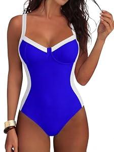ANRABESS Womens One Piece Swimsuit Slimming Color Block Bathing Suit Full Coverage Swimwear 2026 Beach Vacation Clothes Royal Blue White, s