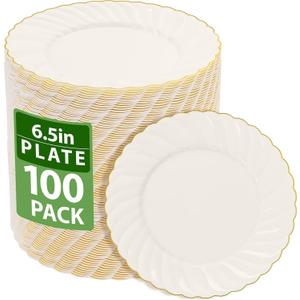 YOUBET 100 Pack Ivory Scalloped Plastic Plates - 6.5 Inch Gold Disposable Plates with Gold Rim - High End Elegant Vintage Dessert Salad Plate for Birthday Parties & Wedding