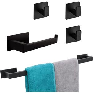 5 Pieces Self Adhesive Bathroom Hardware Set-SUS304 Stainless Steel-Towel Rack Set Include 24Towel Bar+Toilet Paper Holder+3 Towel/Robe Hooks Bathroom Accessory Towel Bar Set (Black, 24 in)