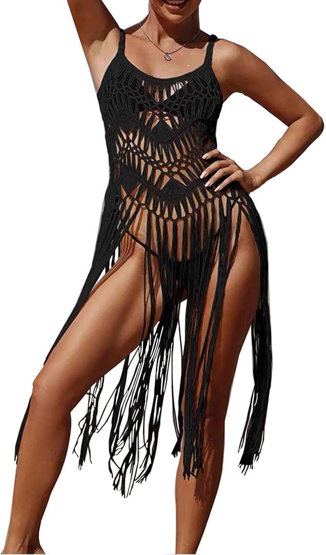 Women's Hippie Beach Swimsuit Cover Up Sexy Crochet Bikini Cover Summer Pool Swimwear Tassel Dresses, 
Size: Bust 36.22 inches, Length 47.24 inches