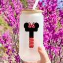 Cute Cartoon Mouse Lover Gifts Initial A-Z Personalized Iced Coffee Cup Magic Mouse Stuff Wizard Gift 16oz Glass Cup with Lid and Straws Birthday Christmas Gifts for Women Teen Girls ( Letter T)