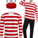 3 Pieces Men Halloween Costume Set, Adult Cosplay Costumes Red and White Striped Shirt with Hat and Nerd Glasses (L)