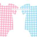 Pre-Strung Blue & Pink Gingham Bodysuit Baby Shower Banner - 8 Double-Sided Onesie Cards- Cute Baby Onesie Decorations for Gender Reveal Party, Baby Shower Decor, Baby Reveal Banner  Gender Reveal Ideas & Decor