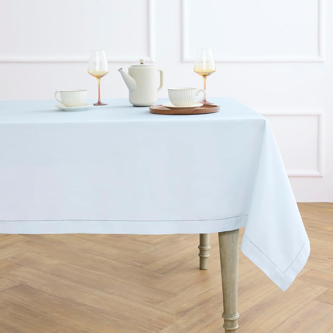 Solino Home Light Blue Tablecloth 58 x 104 Inch - Cotton Linen Hemstitch Rectangular Tablecloth - Machine Washable Table Cloth for Spring, Summer