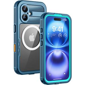 Lanhiem Magnetic for iPhone 16 Case, IP68 Waterproof Dustproof Case, [Compatible with Magsafe] [Built-in Screen Protector] Full Body Heavy Duty Rugged Phone Cover 6.1 inch, Blue/Clear
