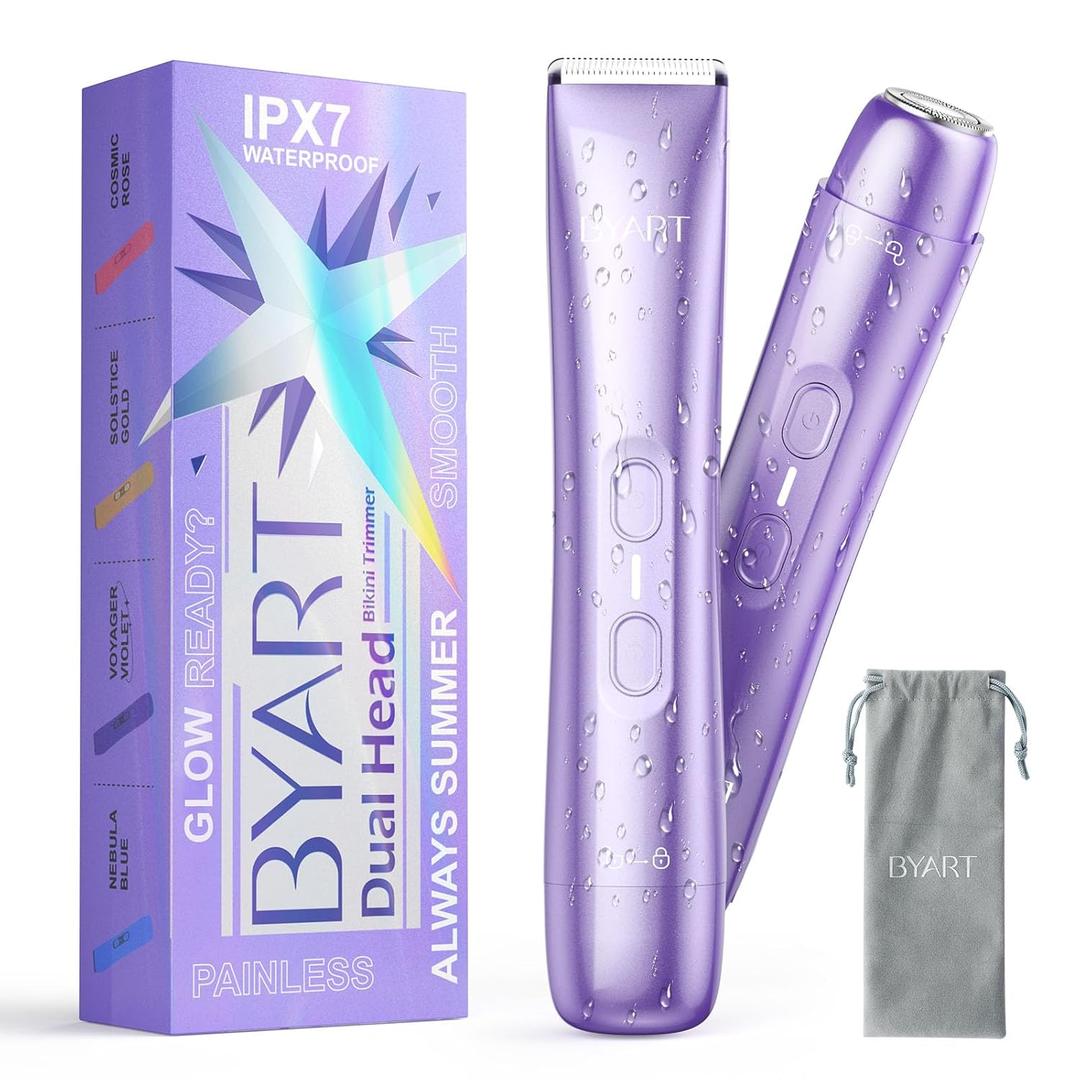 BYART Bikini Trimmer for Women Dual Head  IPX7 Waterproof & Painless Electric Razors for Pubic Hair, Face, Legs, Underarms  Portable Cordless Shaver with Fast Charging, Self Care Gifts for Women (Voyager Violet)