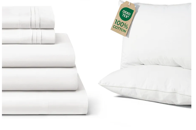 CGK Unlimited Split 5 Piece Sheet Set + 2pk Cotton Bed Pillows Pillow Cases 30x20 Inch