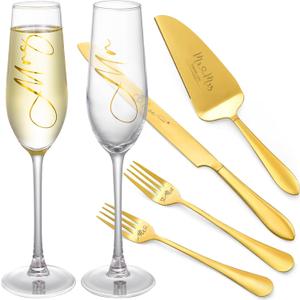 Wedding Champagne Flutes with Cake Knife and Server Set of 6, Mr and Mrs Wedding Gifts for Bride and Groom, Engagement Bridal Shower Gifts (Gold)