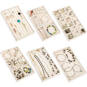 Stackable Jewelry Organizer Trays, 6 Set of Velvet Jewelry Drawer Insert Sets Organizer Trays Jewelry Display Case Storage with Removable Dividers for Earring Necklace Rings BraceletBeige