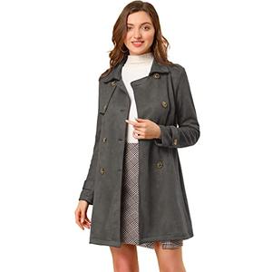 Allegra K Women's Faux Suede Trench Coat Notched Lapel Double Breasted Jacket with Belt Medium Dark Gray medium