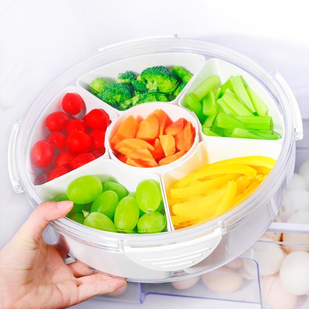 Veggie Tray With Lid for Fridge Organizer Bins Divided Snackle Box Container with 6 Compartments for Party Serving Platter, Fruit Tray with dip, Snack Storage, Reusable Meal Prep (White-circle)