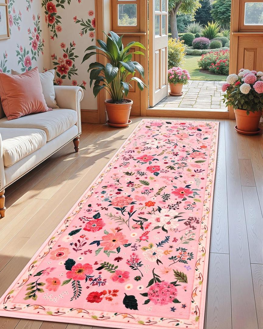 Pink Floral Runner Rug, 2x6 Flowers Printed Washable Rugs with Non Slip Backing for Girls Bedroom Kitchen Hallway, Cute Carpet Runners Home Aesthetic Decor