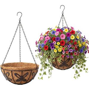 2 Pack Hanging Baskets for Plants Outdoor 10 Inch Butterfly Metal Hanging Planters with Coco Coir Liner, Round Hanging Flower Pots for Home Garden Patio Balcony Porch