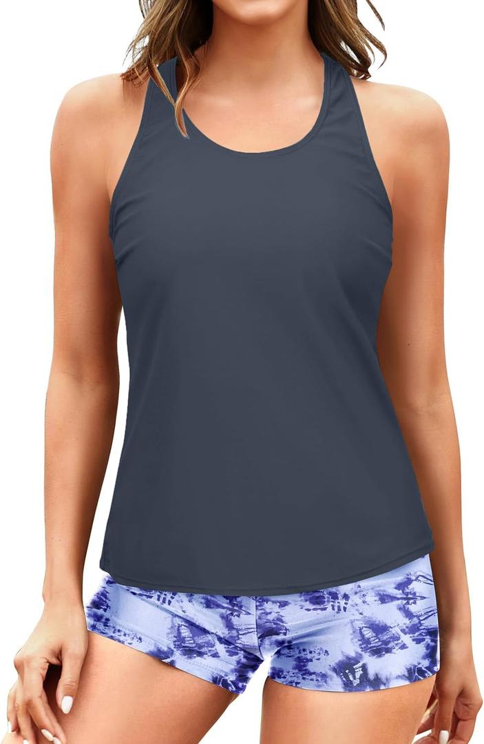 Yonique 3 Piece Tankini Swimsuits for Women Swim Tank Top Bathing Suits with Boy Shorts and Bra Athletic Swimwear (X-Large, Gray Blue Tie Dye)