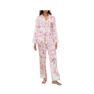 Womens Silk Satin Pajamas Set Floral Printed Long Sleeve Button Down Shirt Wide Leg Pants Set Sleepwear Loungewear M