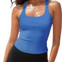 GEMBERA Womens Ribbed Knit Square Neck Racerback Sleeveless Fitted Basic Work Out Tank Top Shirt (Blue, XL)