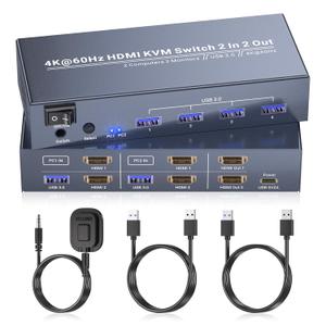 Dual Monitor HDMI KVM Switch 2 Monitors 2 Computers, 4K60Hz and 4 USB 3.0, Control 2 PCs with 2 Monitors and 1 Set of Keyboard Mouse