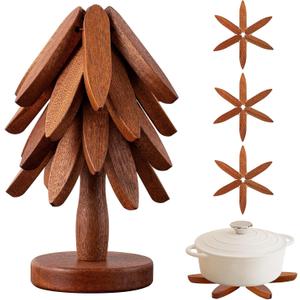 Wooden Trivets for Hot Dishes Hot Dish Coaster with Tree-Shaped Wood Collapsible Hot Pad Trivet Tree for Restaurant4 Wooden Trivet + 1 Stand, Walnut Wood