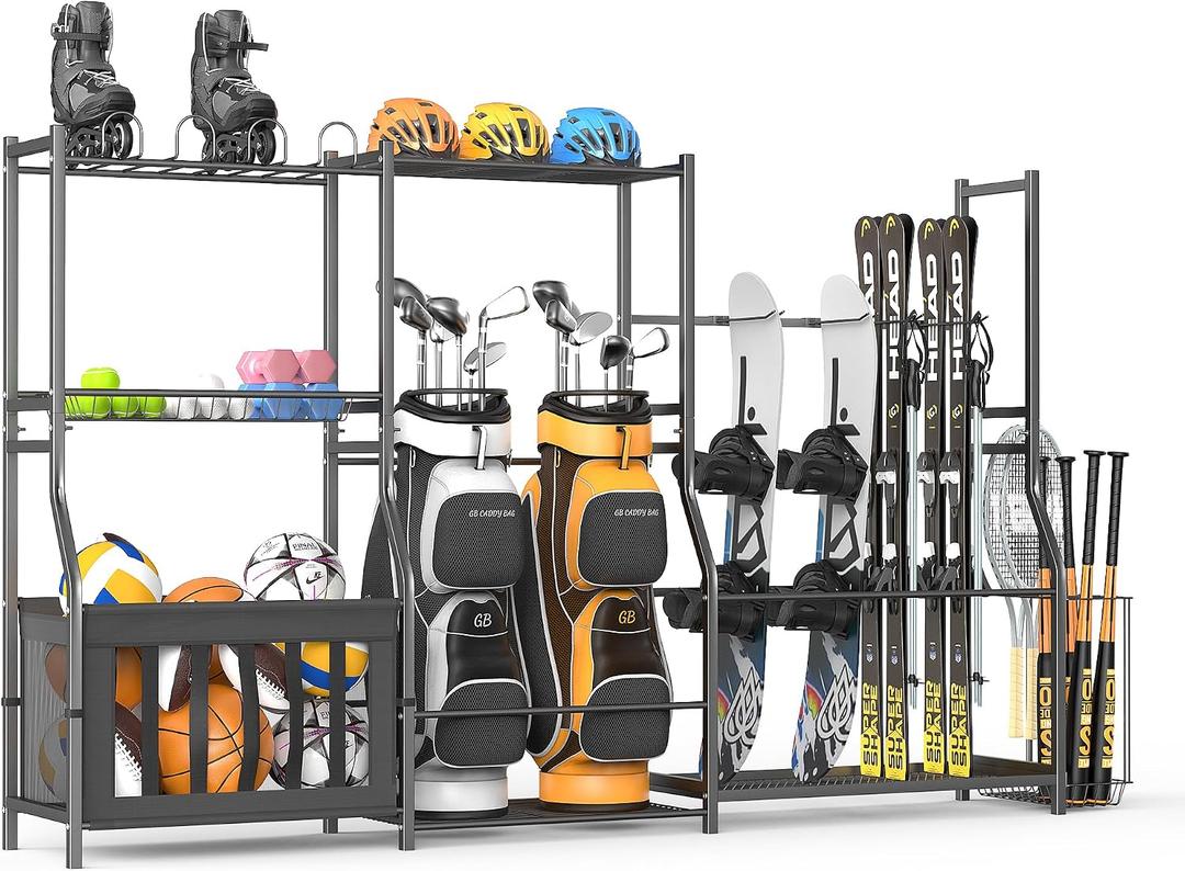 Ultrawall Sports Equipment Organizer, Heavy Duty Garage Golf Bag Stand, Ball Storage Rack with Basket, Garage Organization for Sports Gear and Toy Storage, Indoor/Outdoor Use, 97.6"