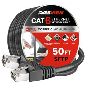 CAT 6 Shielded 50 ft Ethernet Cable, Indoor High-Speed (SFTP) 10Gbps Snagless Shielded Ethernet Cable 50 ft for Internet, Router, Computer, PlayStation, Xbox, POE Camera, Printer - Black