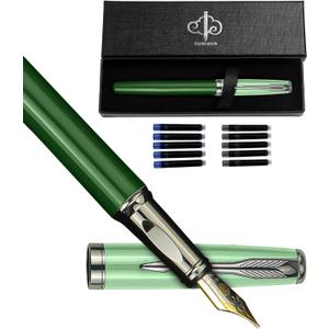 YUNCHUN Fountain Pens Set for Writing, Fancy Medium Nib Ink Pens of Morandi Color with 10 Black and 10 Blue Refills Cartridges, Best Pen Gift Set for Men Women, Office Professional Pen for Work, Green